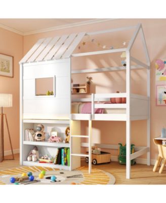 Pine Wood / Plywood / Engineered Wood LED Lighting and Built-In Bookshelf Kids Twin Loft Bed - 44