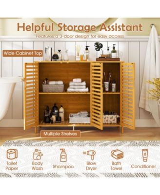 3-Door Bamboo Bathroom Cabinet with Shelves, Freestanding Storage Organizer