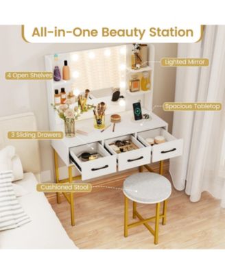Vanity Desk and Cushioned Stool Set with Lighted Mirror and Lights, Makeup Table