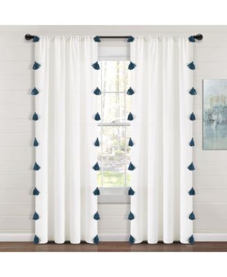 Boho Faux Linen Texture Tassel Window Curtain Panel Single 52"W x 84"L White & Turquoise - White Curtains For Bedroom