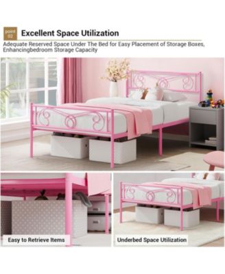Twin Metal Platform Bed Frame with Headboard and Footboard, Steel Slat Support, Pink