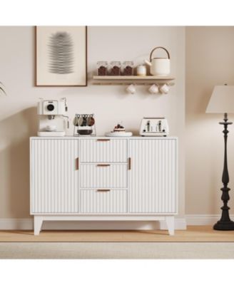 47.2" Fluted Buffet Cabinet, Mid-Century Sideboard with 2 Waveform Doors, Gold Handles, 3 Drawers & Adjustable Shelves