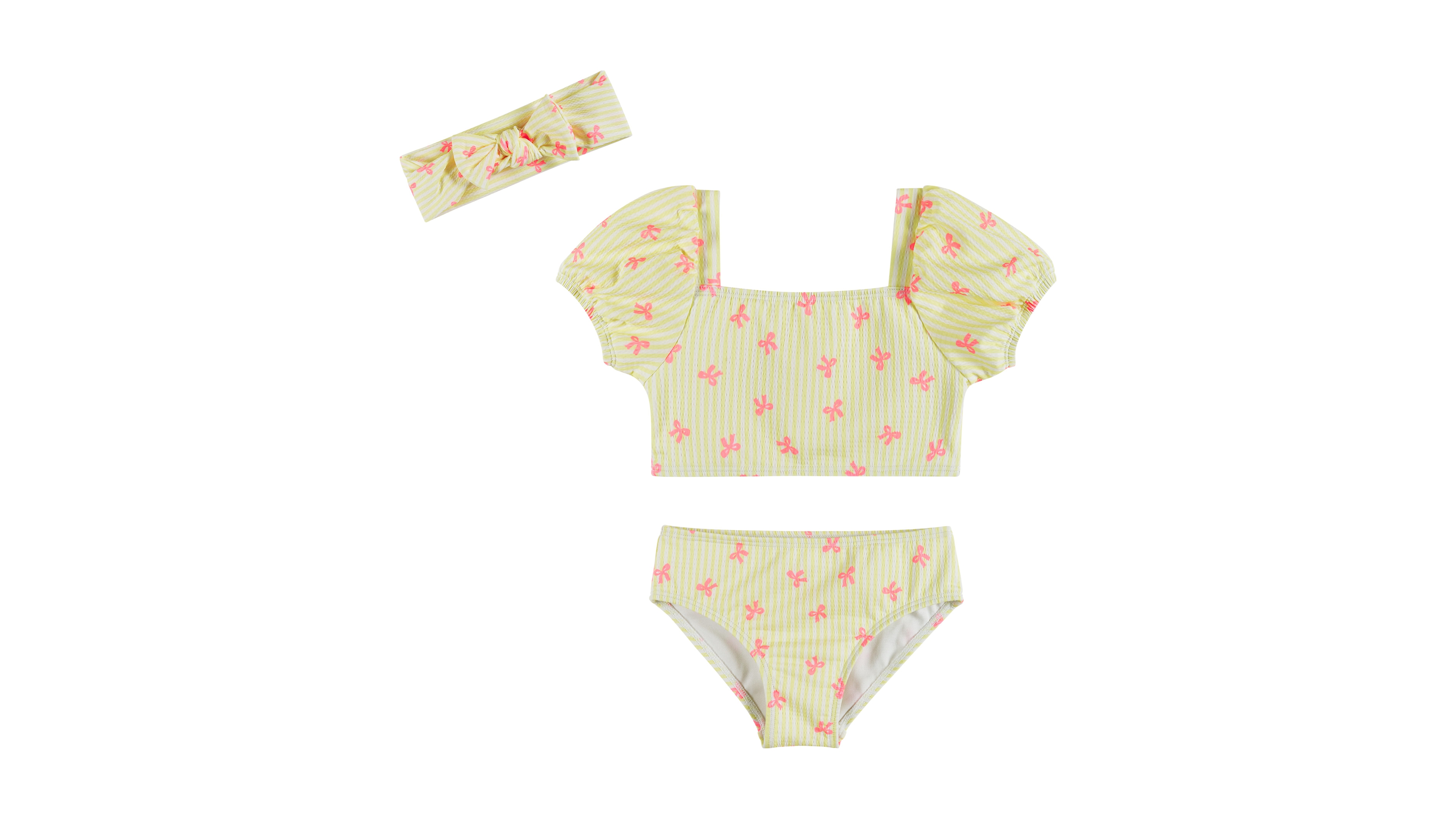 Andy & Evan Girls' 2T-5 Puff Sleeve Top, Bikini Bottom, Matching Headband, 3-Piece Set