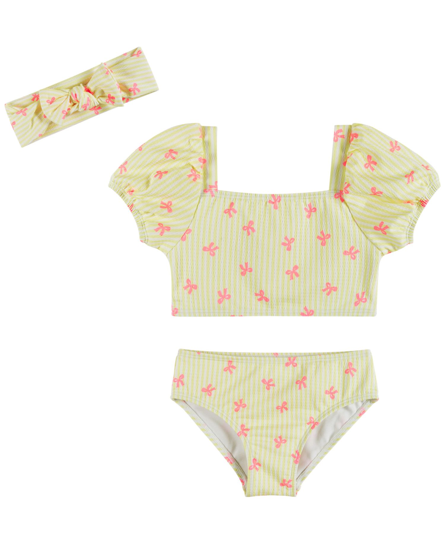 Girls' 2T-5 Puff-Sleeve Top, Bikini Bottom, & Matching Headband, 3-Piece Set