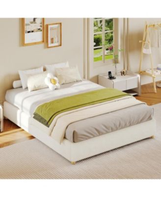 Full Cloud Bed Frame, Corduroy Upholstered, Low Platform with Wood Legs, No Box Spring, Beige