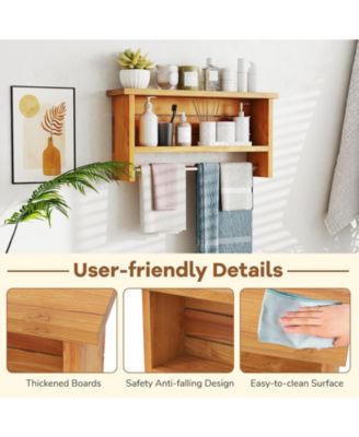 Wall-Mount 2-Tier Solid Teak Wood Bathroom Shelf with Towel Bar