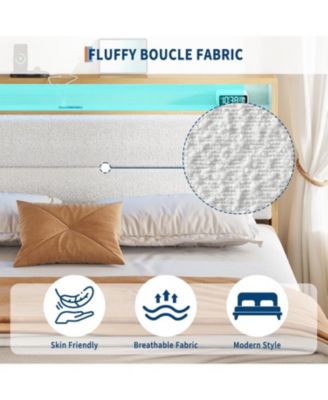 King White Boucle Upholstered Bed Frame with LED Lighting & USB Ports, 2-Tier Storage, Easy Assembly