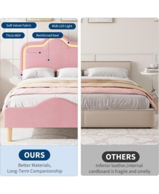 Twin Velvet Bed Frame with LED Headboard & Footboard, Princess Platform, Slats, Pink