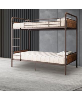 2-in-1 Twin Metal Bunk Bed, Convertible Loft Frame with Guardrails & Ladder, Heavy Duty, Brown