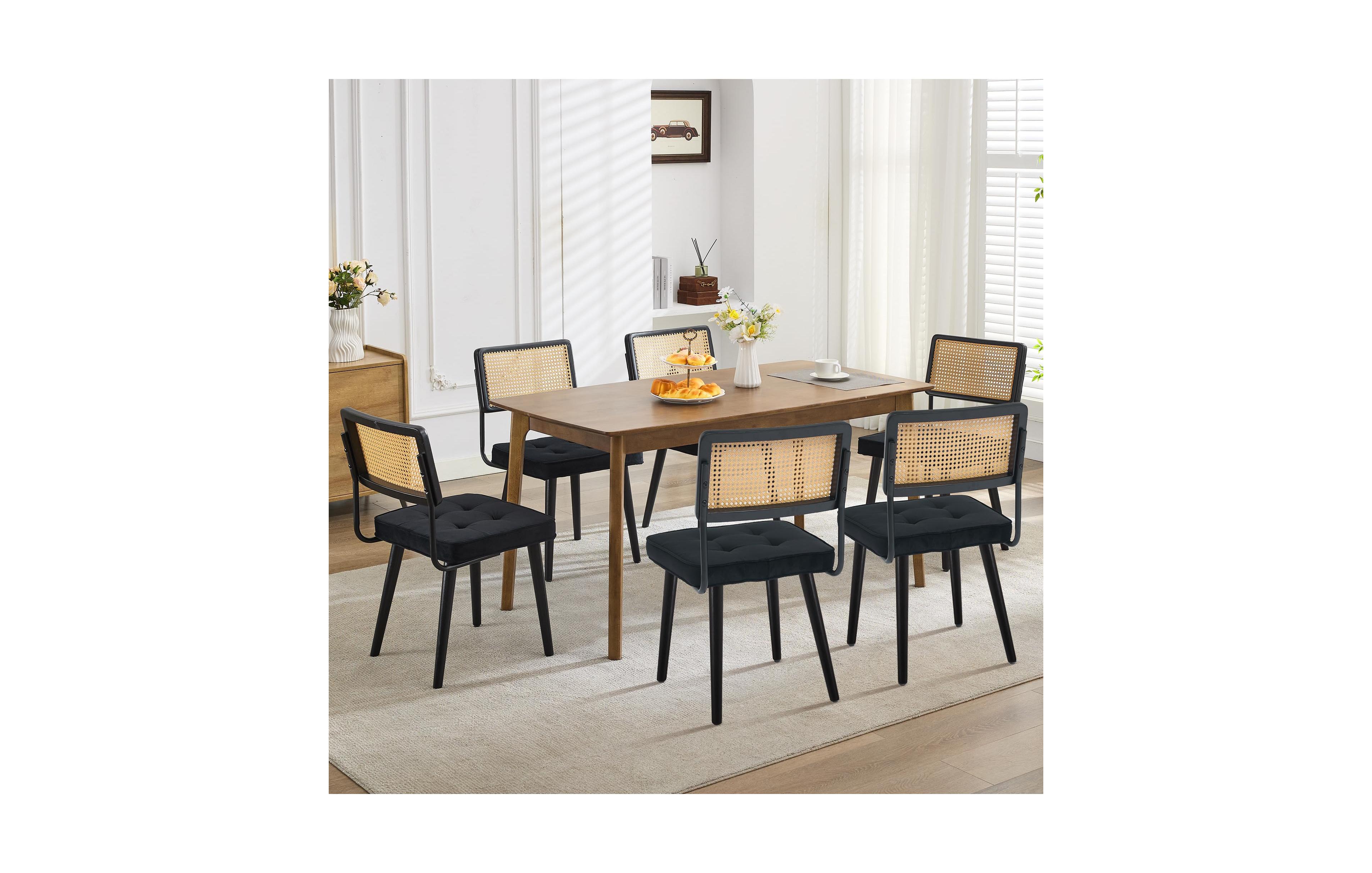 gaomon Set of 6 Natural Rattan Dining Chairs, Upholstered Seat & Solid Wood Legs, Modern Boho Kitchen Seating