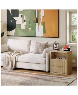 Set of 2 Natural Fluted Nightstands, 2-Drawer Bedside Table with Built-in Charging Station & Open Storage