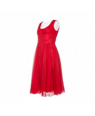 Women's Red Silk Organza Lace Trim Flared Dress