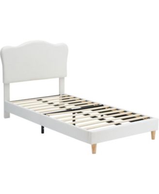 Twin Kids Velvet Bed Frame with Scallop Headboard, Upholstered Platform, Wood Slats, White