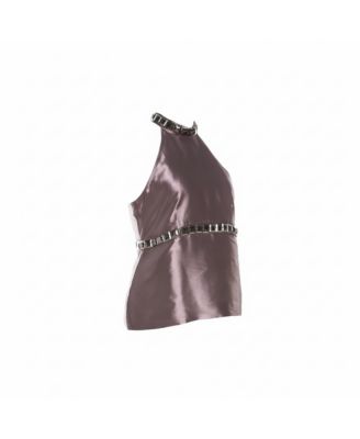 Women's Metallic Purple Silk Blend Stud Embellished Halter Neck Top