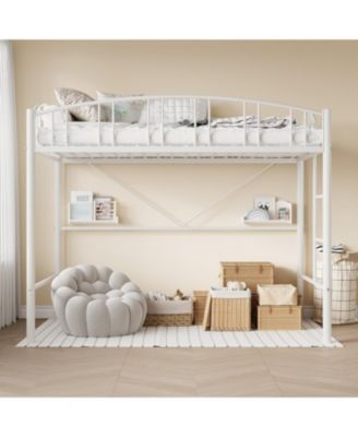 Twin Metal Loft Bed Steel Frame, Arched Guardrails, Ladder, Space-Saving
