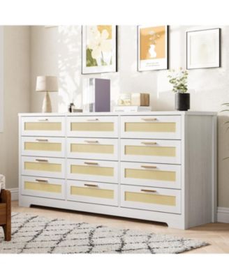 12 Drawer Dresser for Bedroom, Wood Storage Organizer with Rattan Panel Drawers and Handles - Modern Rattan Chest of Drawers