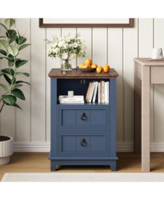 Set of 2 18 Inch Blue Fluted Wood Nightstands, Bedside End Table with USB Charging Station