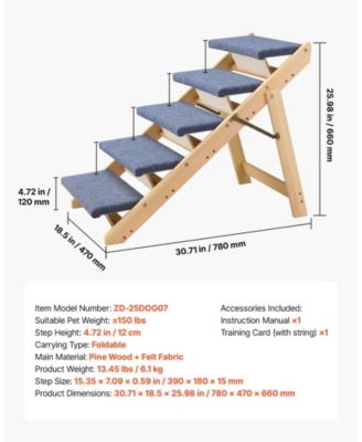 5-Step Wooden Pet Stairs for Bed, Sofa, or Car, Foldable Flat Design, 150 lb Capacity
