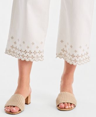 Petite Wide-Leg Embroidered Scallop High-Rise Cropped Jeans