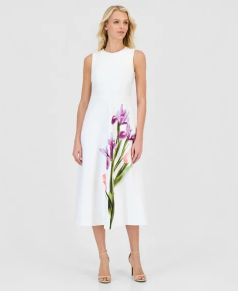 Petite Crew Neck Printed Midi Dress - White Dove Multi