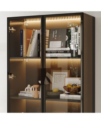 Display Cabinet with 4 Glass Doors and Lights, 5-Tier Storage Shelves, Bookcases & Shelves