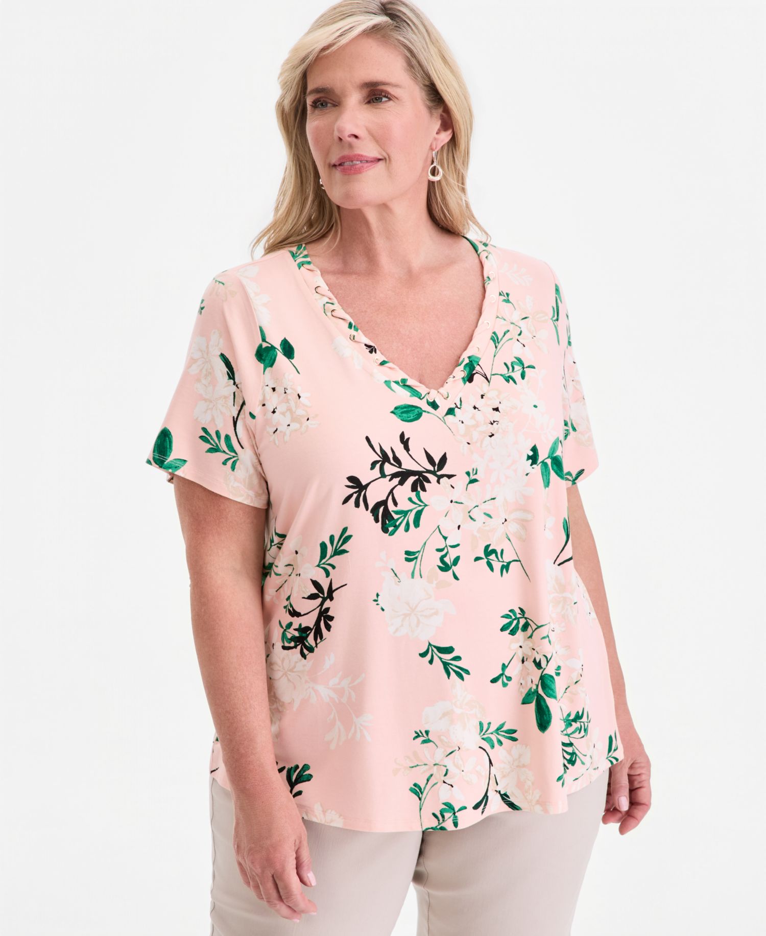 Plus Size Reve Garden V-Neck Lace-Up T-Shirt