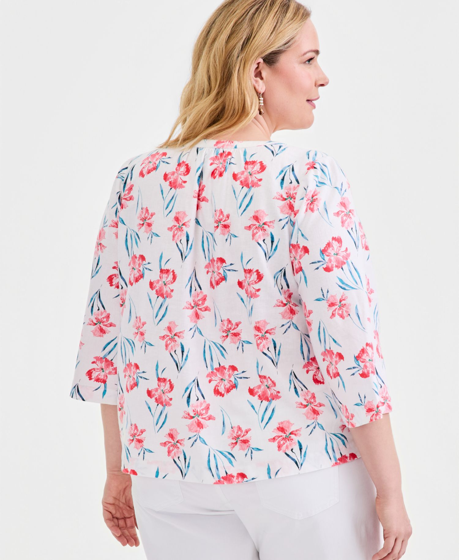 Plus Size Printed 3/4-Sleeve Linen Blend Blouse