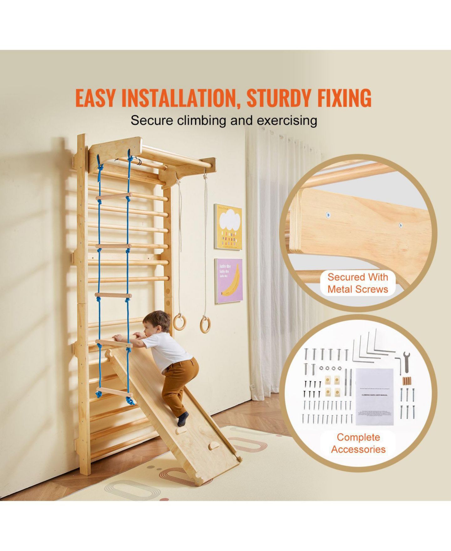 Детская игрушка SUGIFT 5-in-1 Swedish Ladder Wall Gym with Slide & Climbing Features, цвет: Натуральный — фото 8
