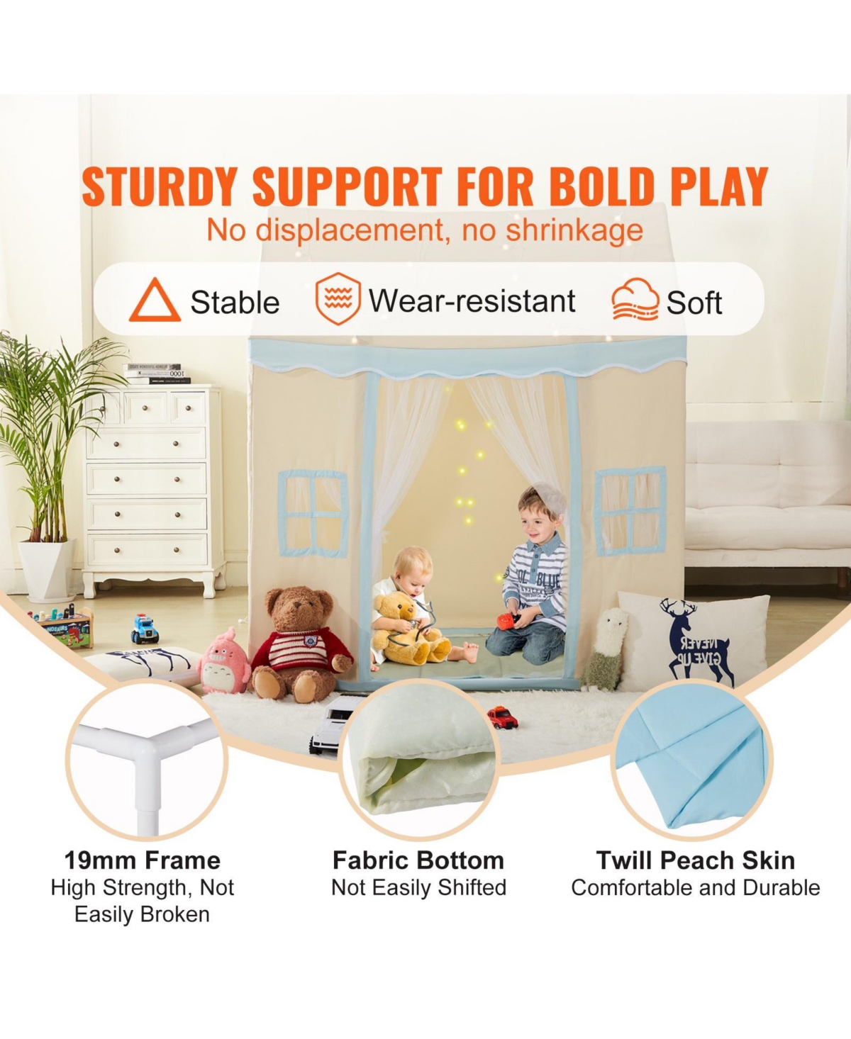 Sugift Kids Play Tent with Mat & Lamp, Castle Design, Beige