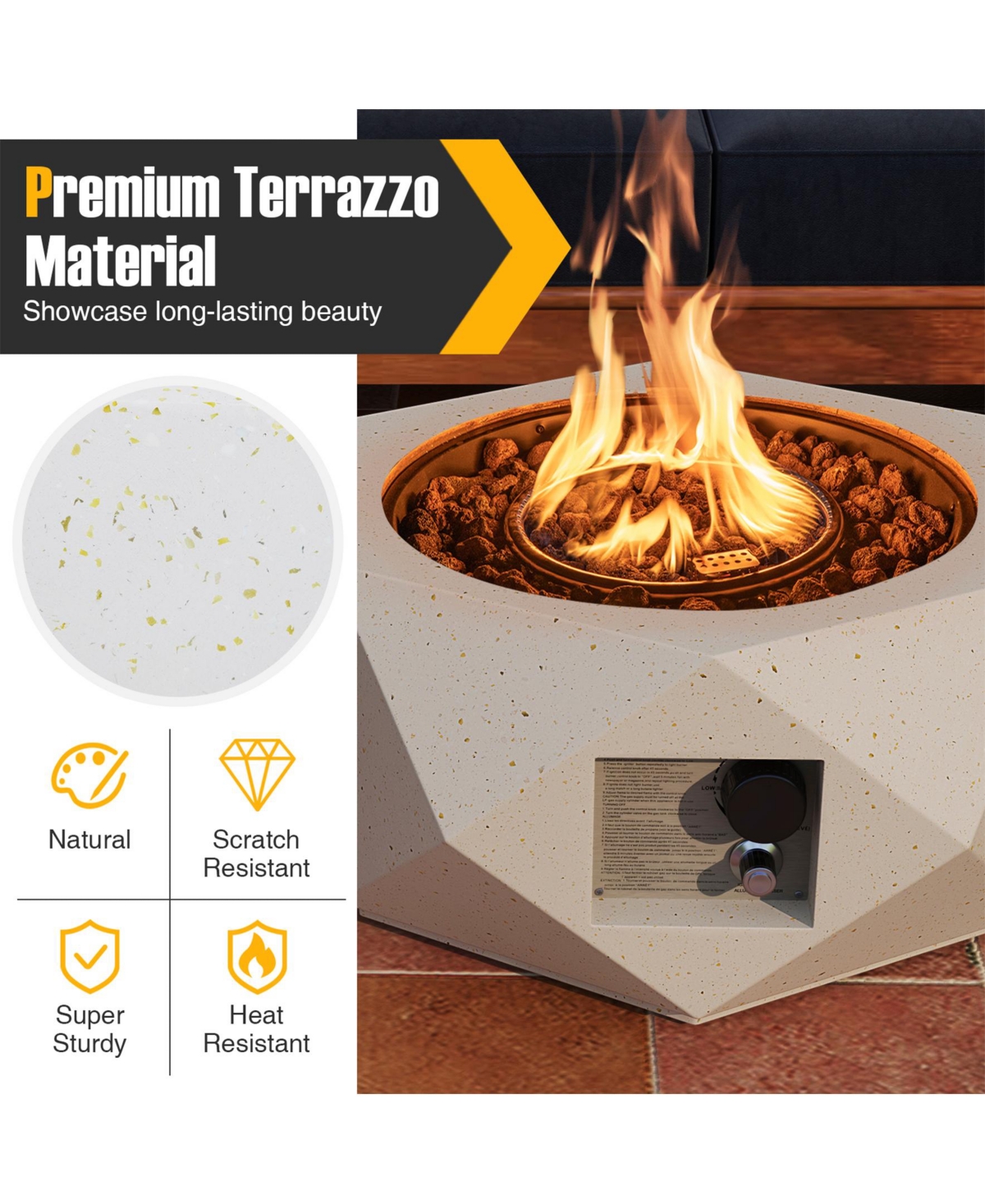 Sugift 28 Inch 40000 Btu Hexagon Terrazzo Propane Fire Pit Table with Stainless Steel Burner