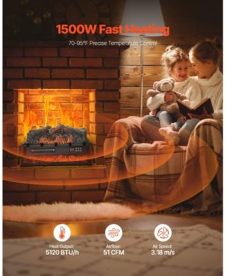 Electric Fireplace Log 25" Insert Heater with Remote Flames Timer Black