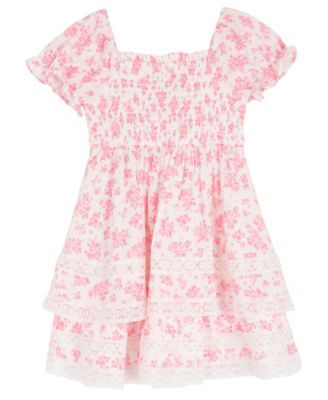 Girls' 2T-6X Printed Square Neck Smocked Dress with Sunglass