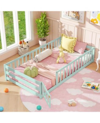 Twin Size Kids Wood Montessori Floor Bed with Door and Fence - 42