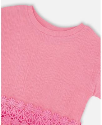 Big Girls Crinkle Jersey Long T-Shirt with Crochet Insert Pink