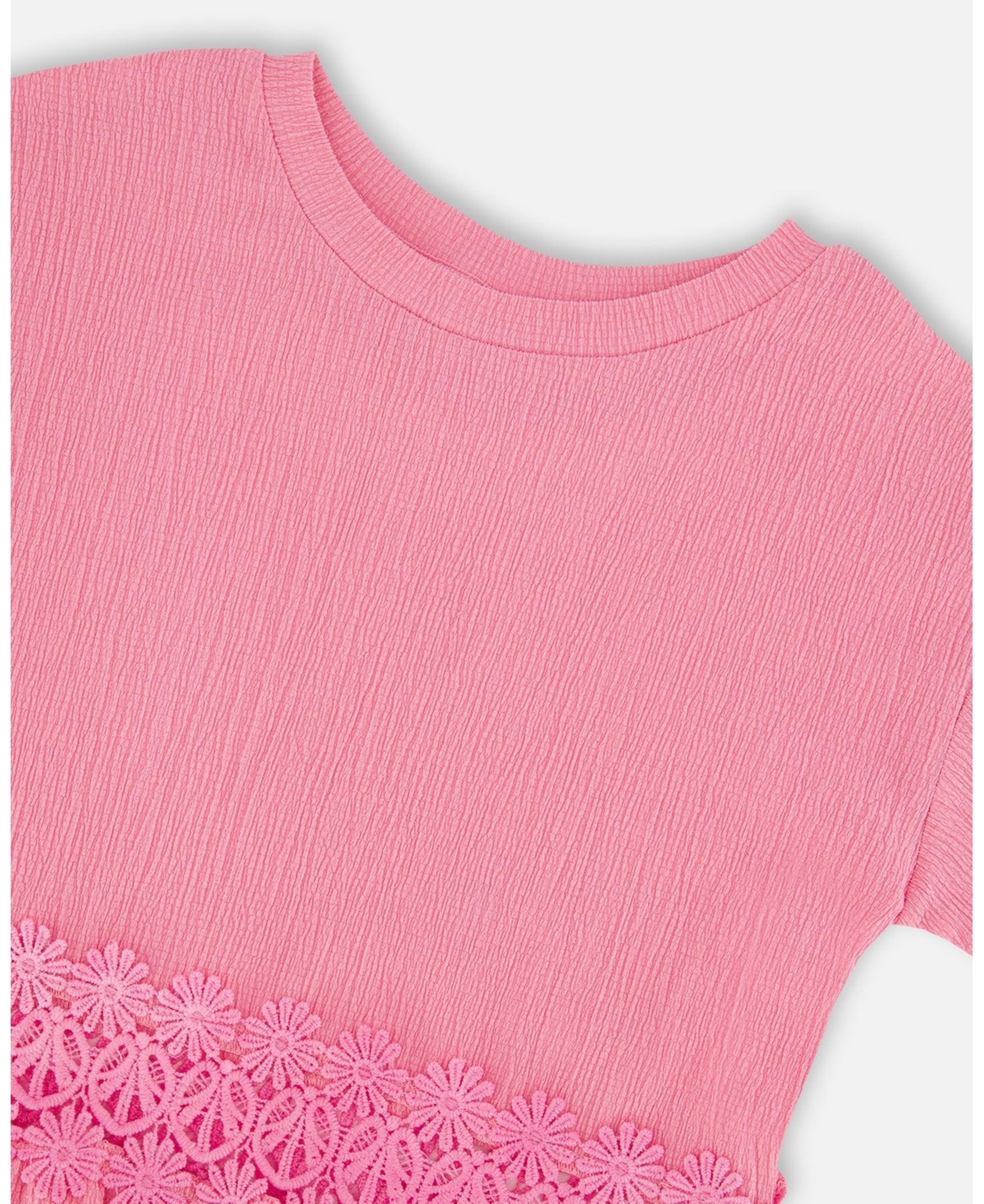 Deux par Deux Big Girls Crinkle Jersey Long T-Shirt with Crochet Insert Pink
