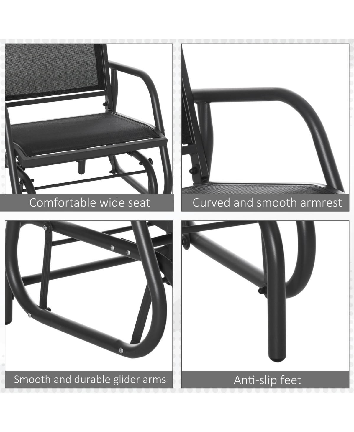 Flynama Black Outsunny Porch Glider Metal Frame Mesh Fabric Curved Armrests Steel Frame for Garden Poolside Backyard Balcony