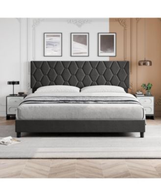 King Gray Upholstered Platform Bed with Adjustable Diamond Headboard, Sturdy Wood Slats, No Box Spring