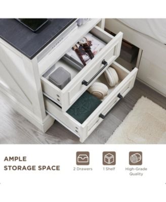 18 Inch White Farmhouse Nightstand, 2-Drawer End Table with USB Charging Station Bedside Cabinet