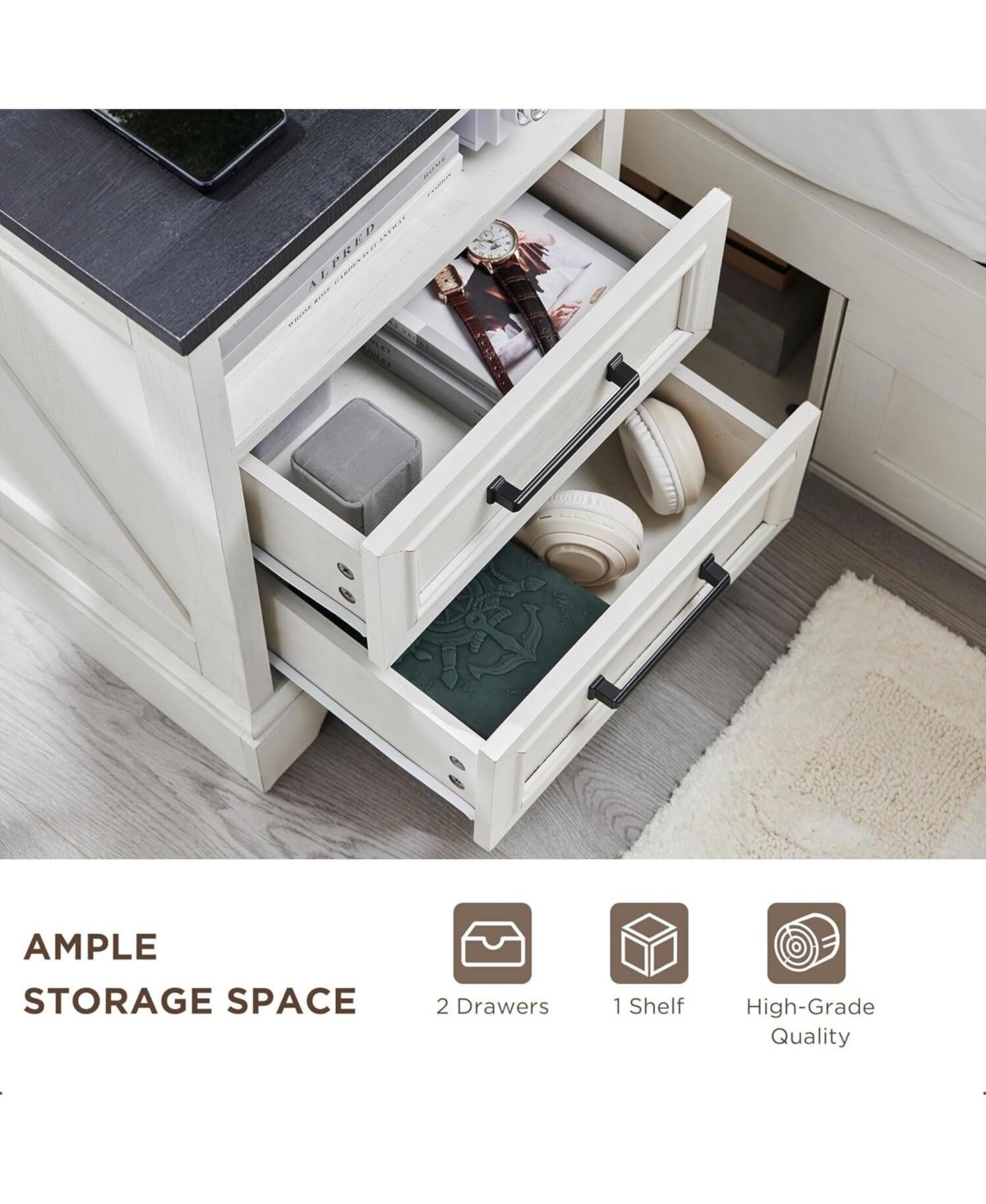 Gaomon 18 Inch White Farmhouse Nightstand, 2-Drawer End Table with Usb Charging Station Bedside Cabinet