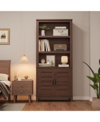 Bookcase with Door 5 Tier Storage Bookshelf Wooden Farmhouse Bookshelves Rustic Vintage Etagere Walnut for Home Office,Living Room