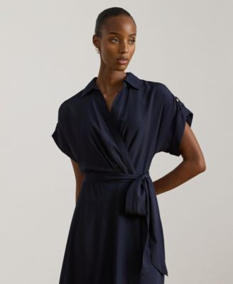 Women's Belted Crepe Surplice Neck Dress