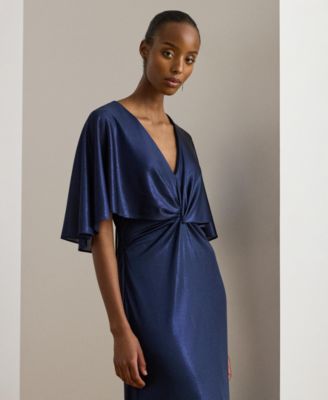 Women's Metallic Jersey Twist-Front Cape Gown