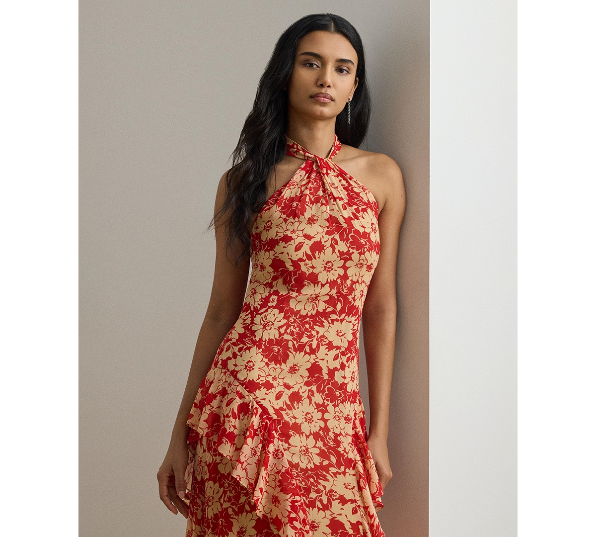 Lauren Ralph Women's Floral Ruffle-Trim Georgette Halter Gown