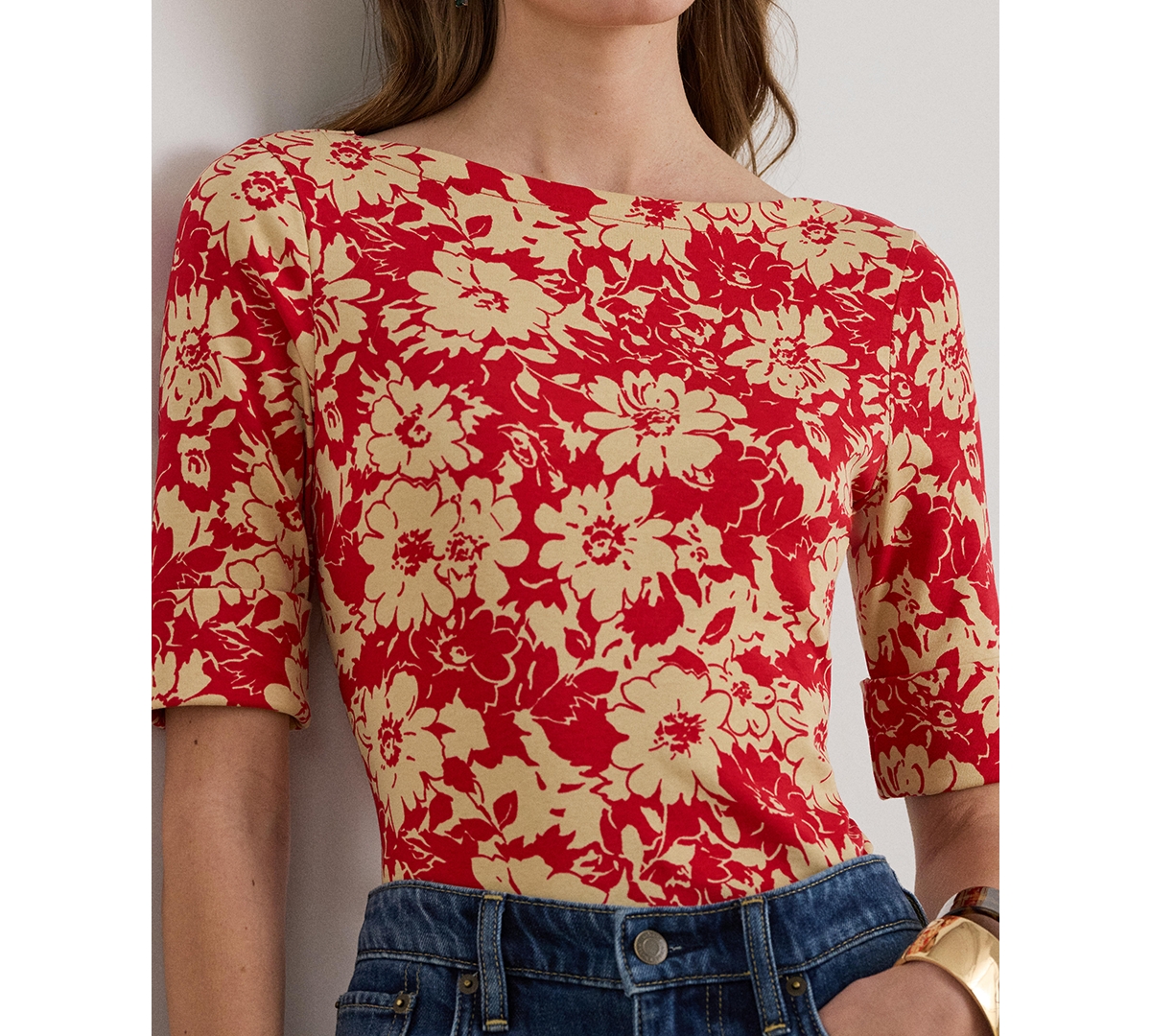 Lauren Ralph Women's Floral Printed Boat Neck Top