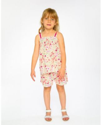 Big Girls Tank Top with Smocking and Shorts Set in Muslin Off White Printed Flowers