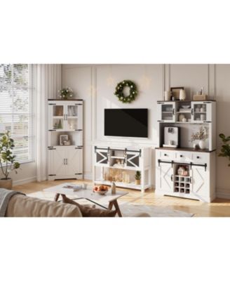 72 in Farmhouse Bar Cabinet with Sliding Barn Door, Tall Kitchen Buffet with Storage Hutch and 3 Drawer, Rustic Coffee Wine Bar Sideboard with Wine &