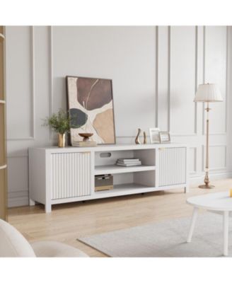 Fluted TV Stand for 80 Inch TV, Modern Entertainment Center with Storage & Gold Handles