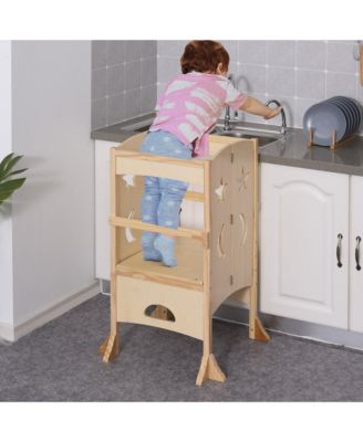 Wooden Kitchen Step Stool for Kids, Foldable Toddler Tower, Helper Stool for Kitchen Counter with Support Handles Safety Rail