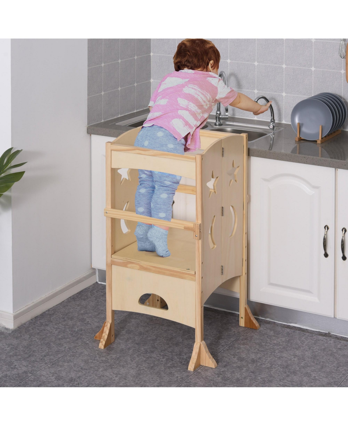 Flynama Wooden Kitchen Step Stool for Kids, Foldable Toddler Tower, Helper Stool for Kitchen Counter with Support Handles Safety Rail