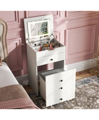 3-in-1 Small Vanity Set with Flip-Top Lighted Mirror, Drawers, and Stool